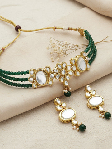 Green Multistrand Embellished Kundan Choker Necklace Set
