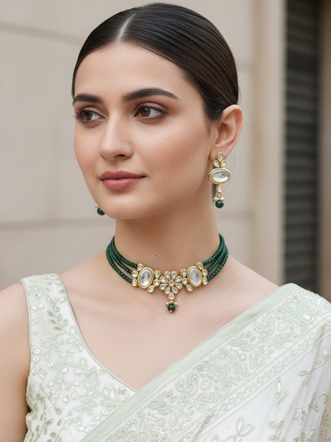 Green Multistrand Embellished Kundan Choker Necklace Set