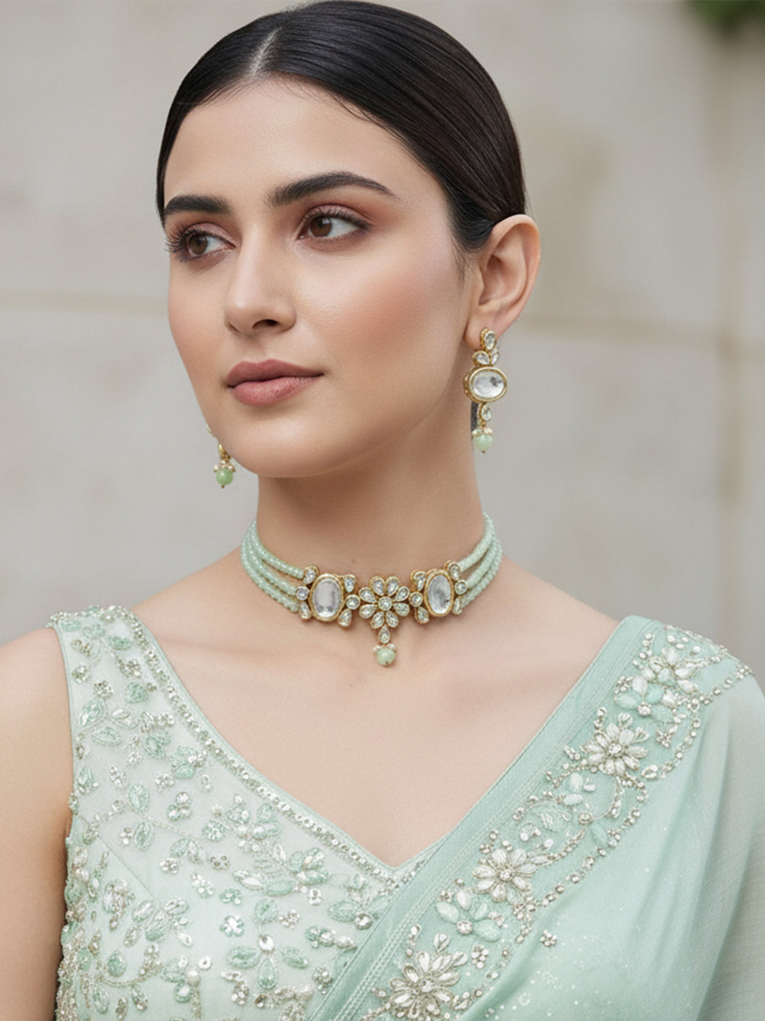 Light Green Multistrand Embellished Kundan Choker Necklace Set