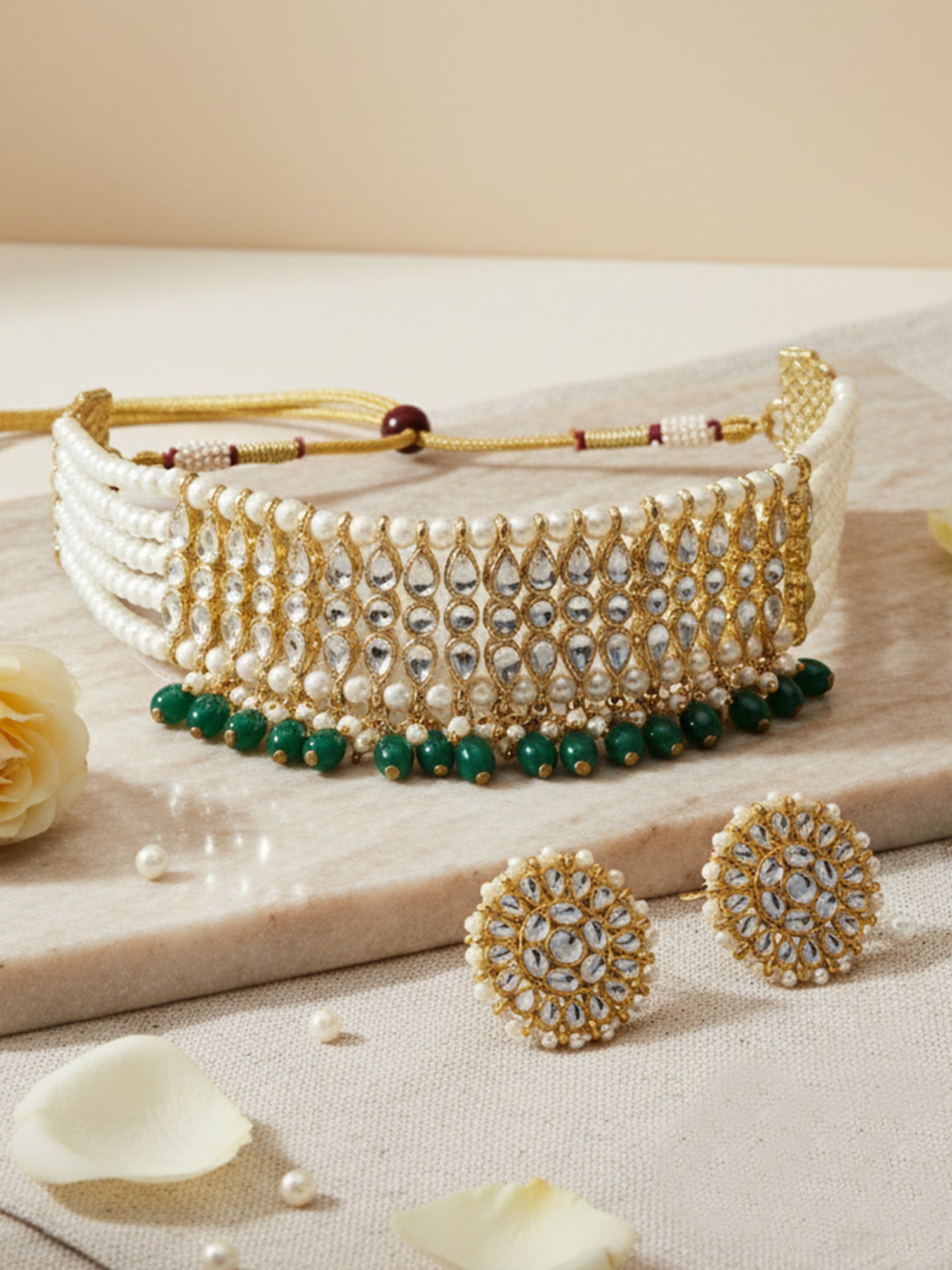 Green Tumble Studded Beaded Kundan Choker Necklace Set