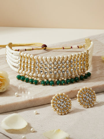 Green Tumble Studded Beaded Kundan Choker Necklace Set