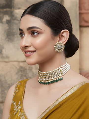 Green Tumble Studded Beaded Kundan Choker Necklace Set