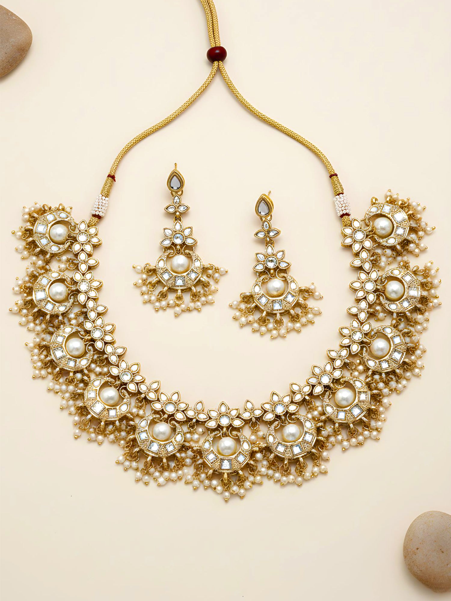 Traditional Gold Plated Moon Shaped White Kundan Studded Necklace Set