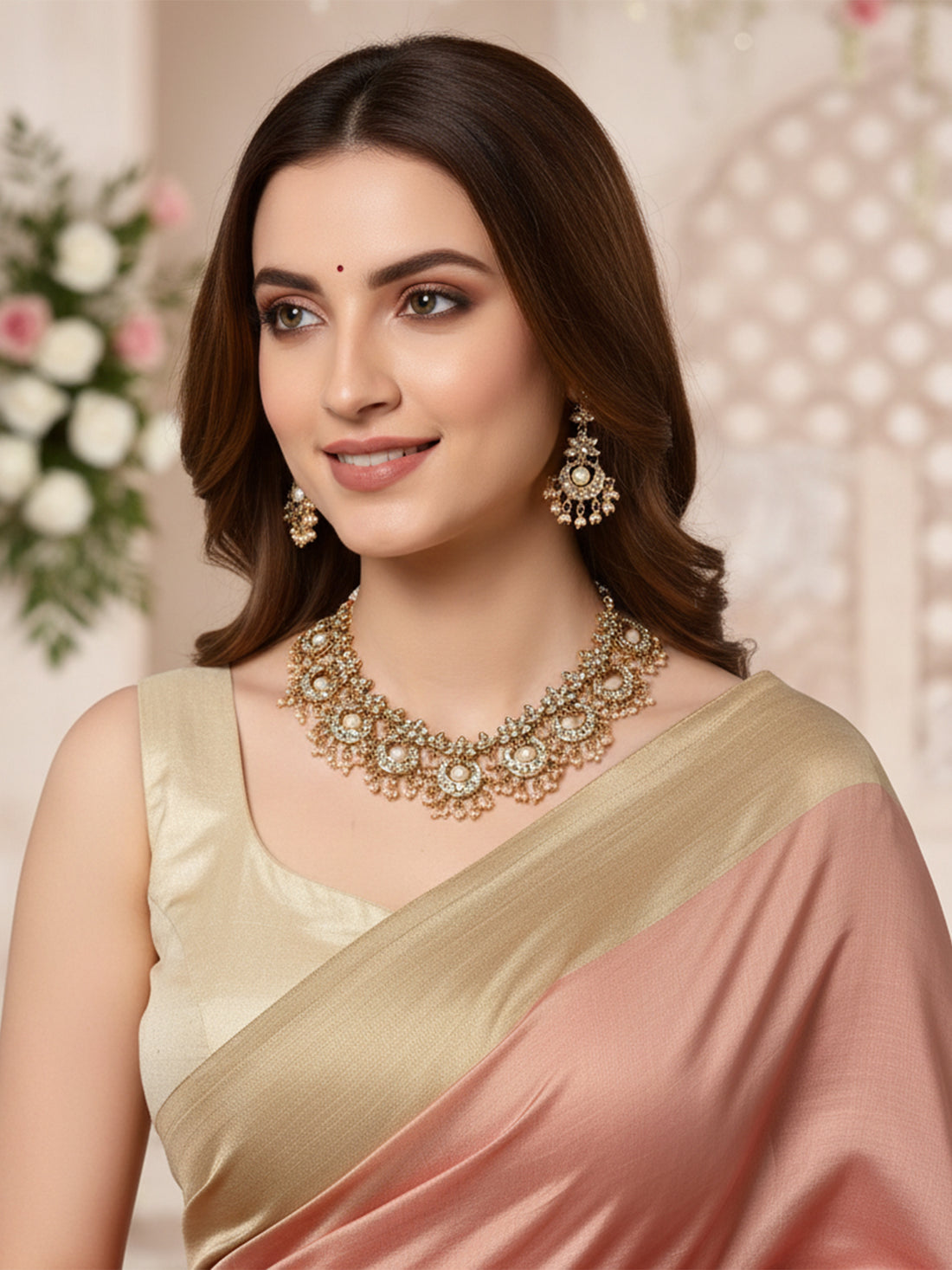 Traditional Gold Plated Moon Shaped White Kundan Studded Necklace Set