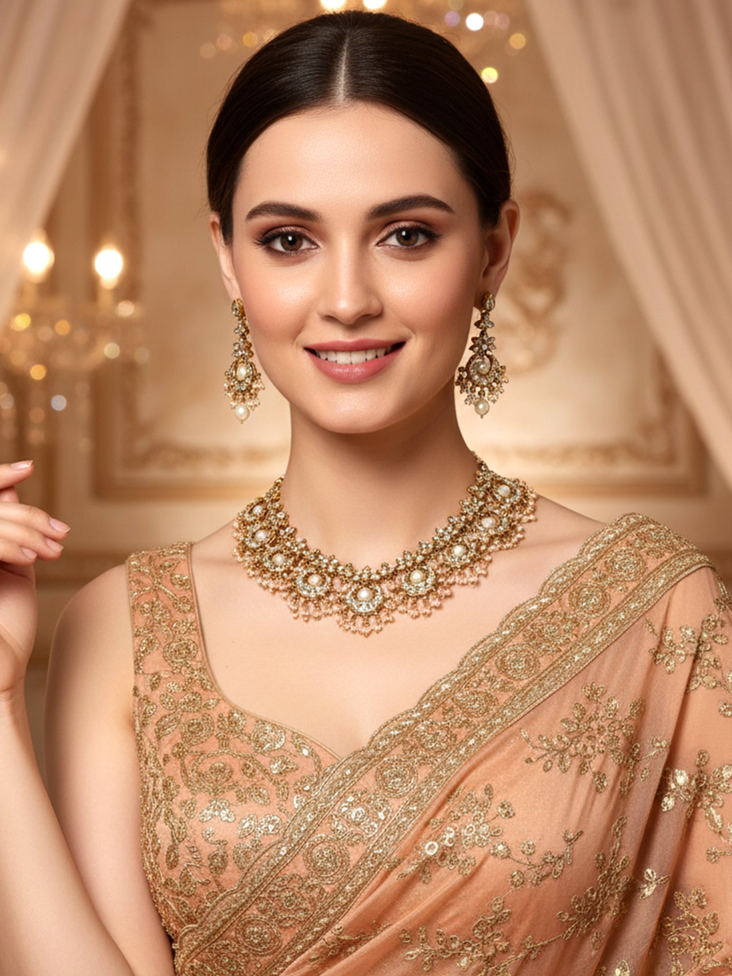 Traditional Gold Plated Moon Shaped White Kundan Studded Necklace Set