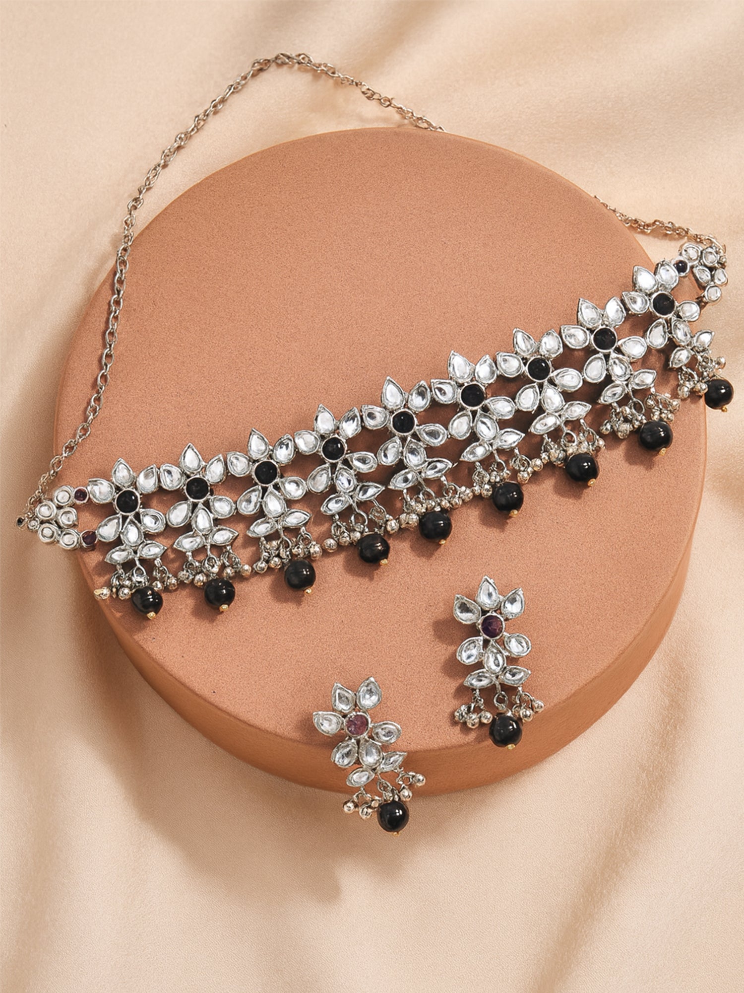 Oxidised Silver Black Beads Kundan Choker Necklace Set