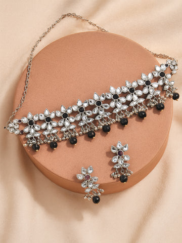 Oxidised Silver Black Beads Kundan Choker Necklace Set