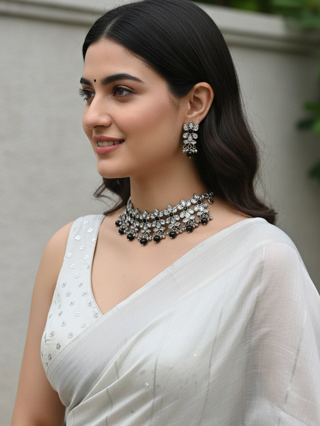 Oxidised Silver Black Beads Kundan Choker Necklace Set