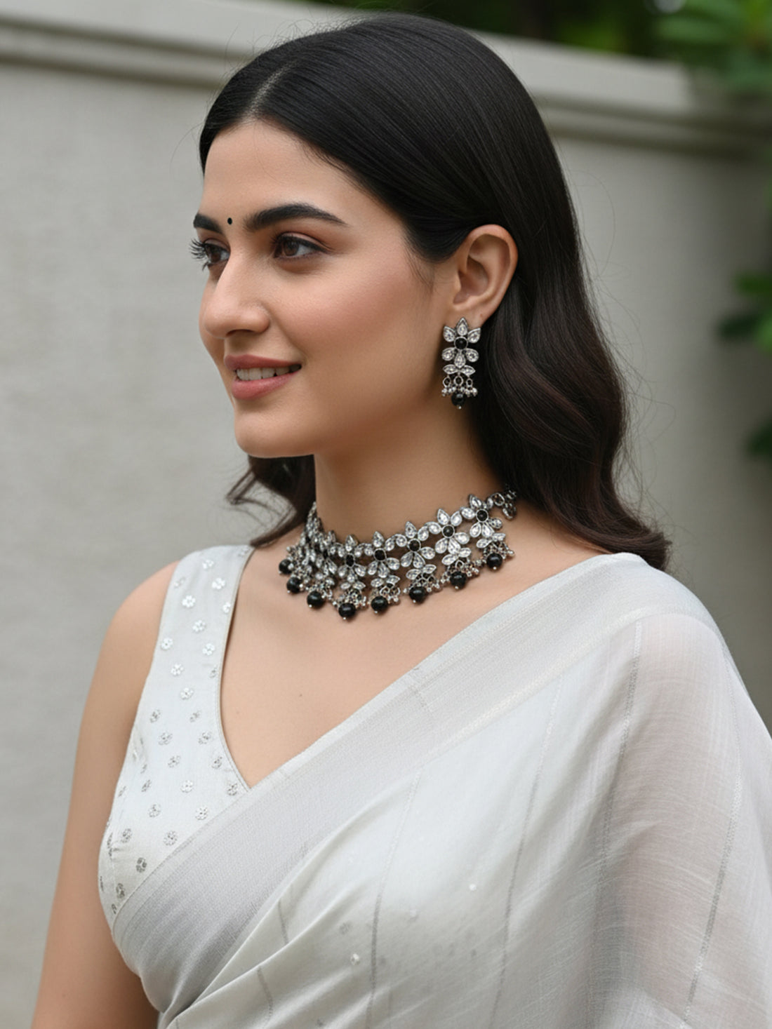 Oxidised Silver Black Beads Kundan Choker Necklace Set