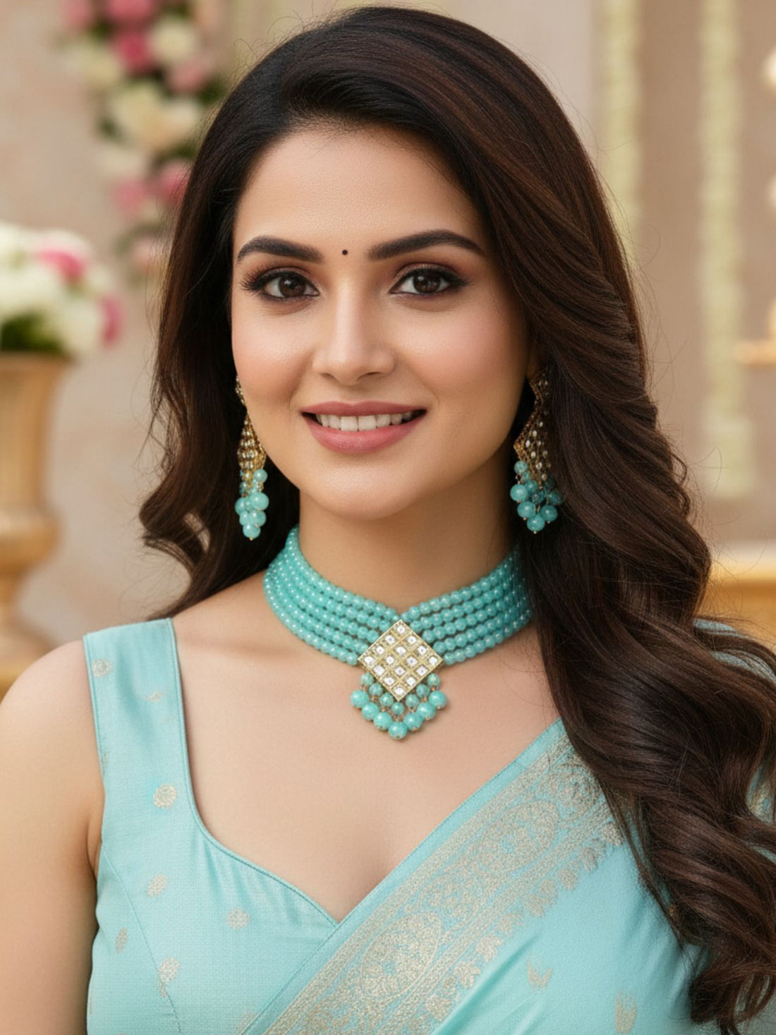 Handcrafted Blue Beads Gold Plated Kundan Choker Necklace Set