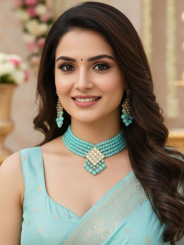 Handcrafted Blue Beads Gold Plated Kundan Choker Necklace Set