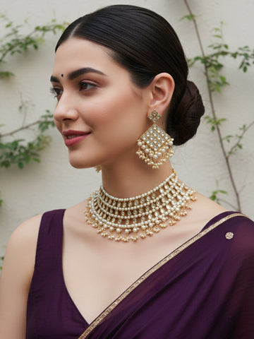 Gold-Plated White Kundan-Studded Jewellery Set