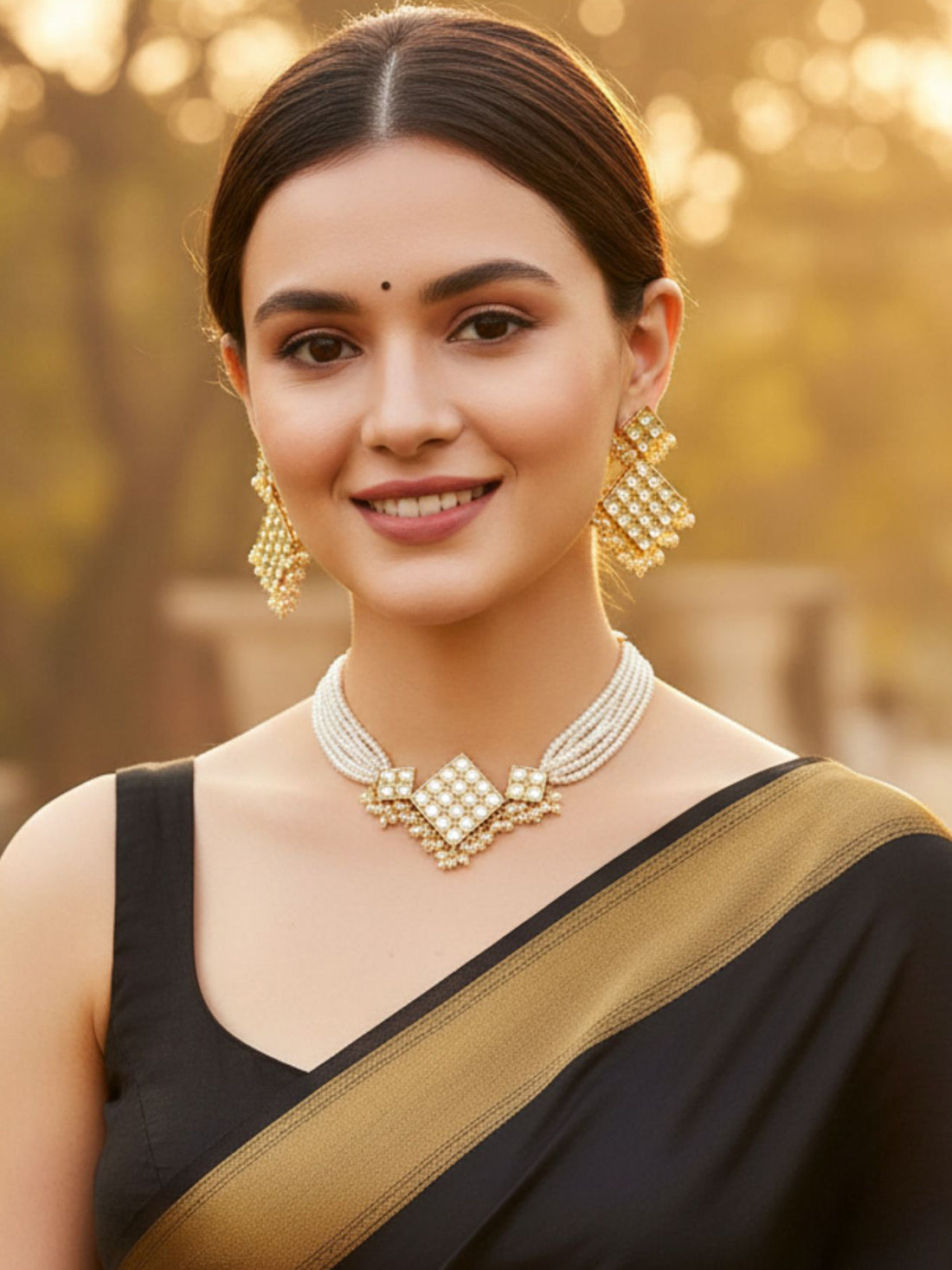 Gold-Plated & White Kundan & Beaded Choker Jewellery Set