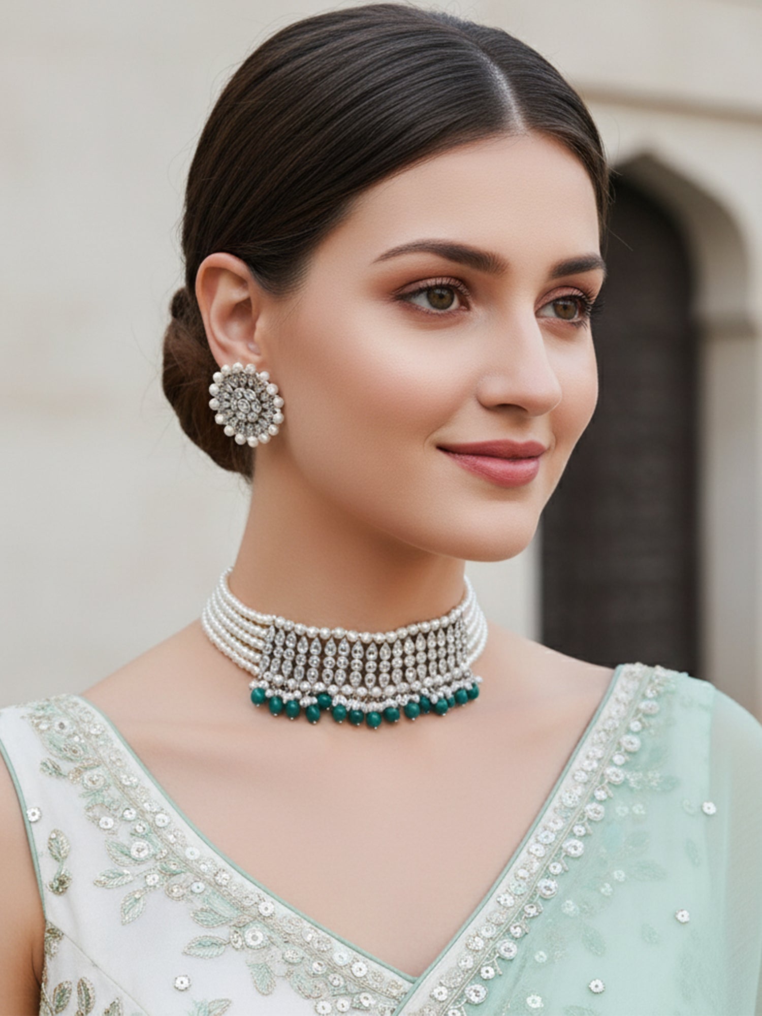 Silver-Toned Green Pearl Studded choker Jewellery Set