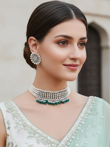 Silver-Toned Green Pearl Studded choker Jewellery Set