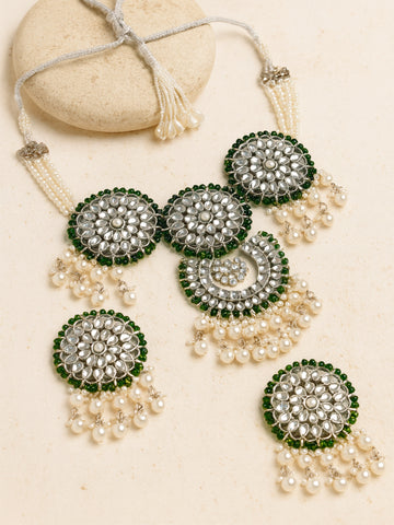 Silver-Plated Oxidised Silver & Green Kundan Studded Jewellery Set