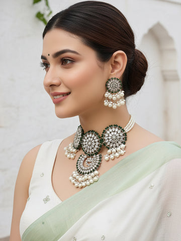 Silver-Plated Oxidised Silver & Green Kundan Studded Jewellery Set