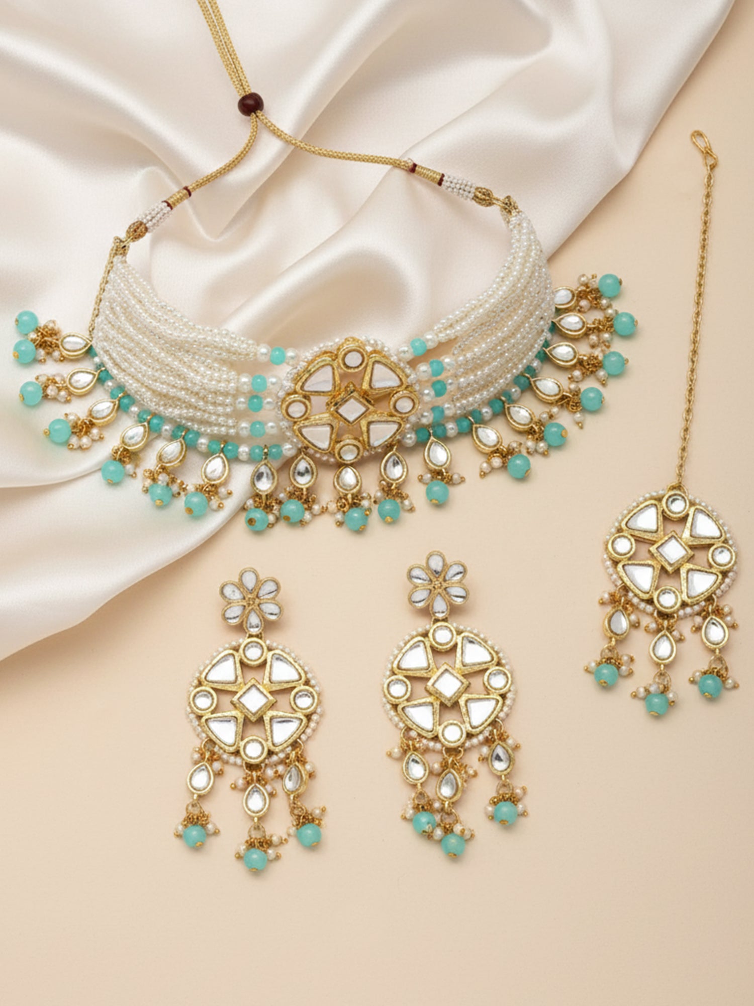 Women Gold Plated Light Blue Beads Studded Kundan Choker Necklace Set