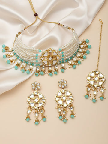 Women Gold Plated Light Blue Beads Studded Kundan Choker Necklace Set
