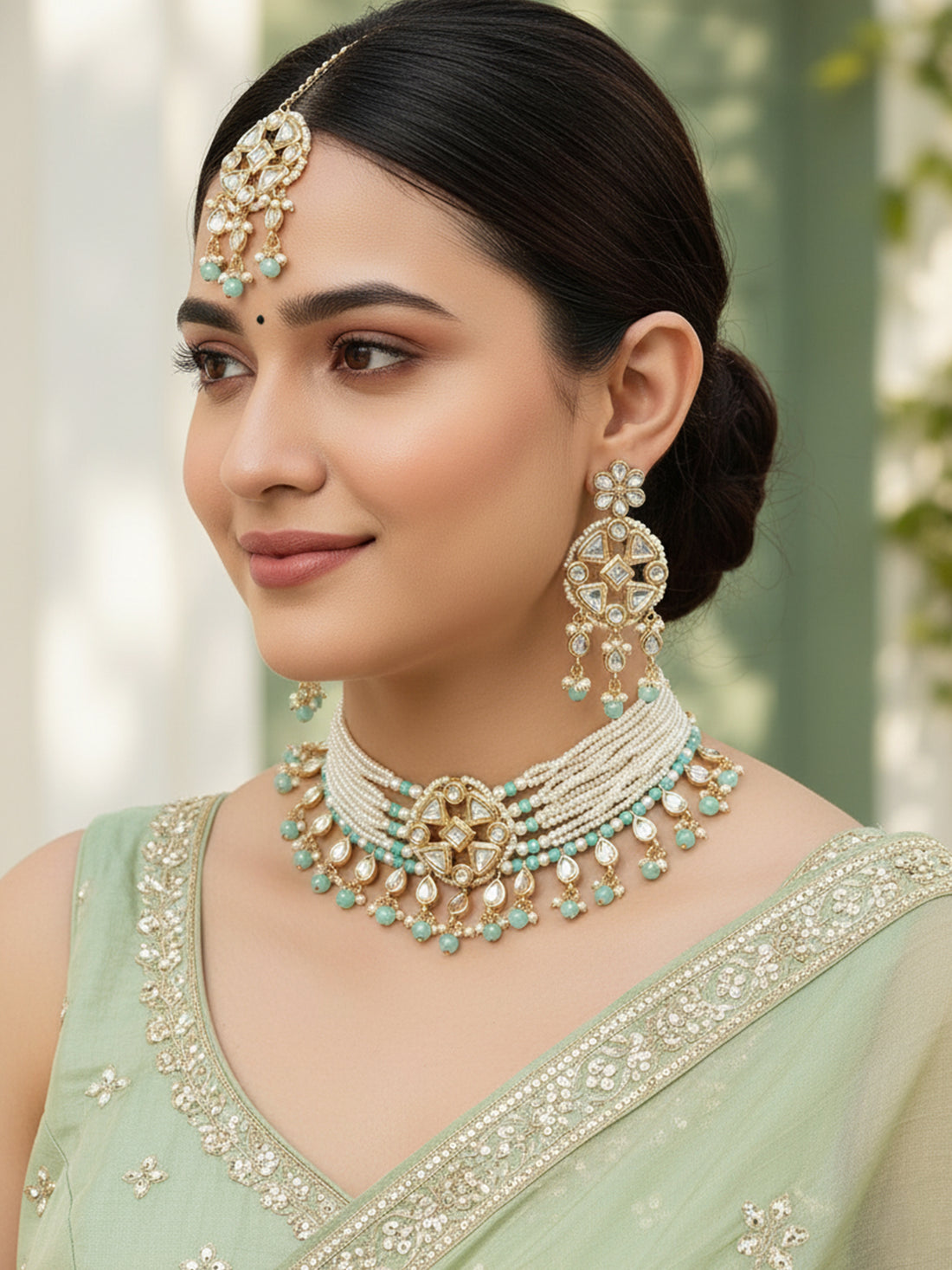 Women Gold Plated Light Blue Beads Studded Kundan Choker Necklace Set