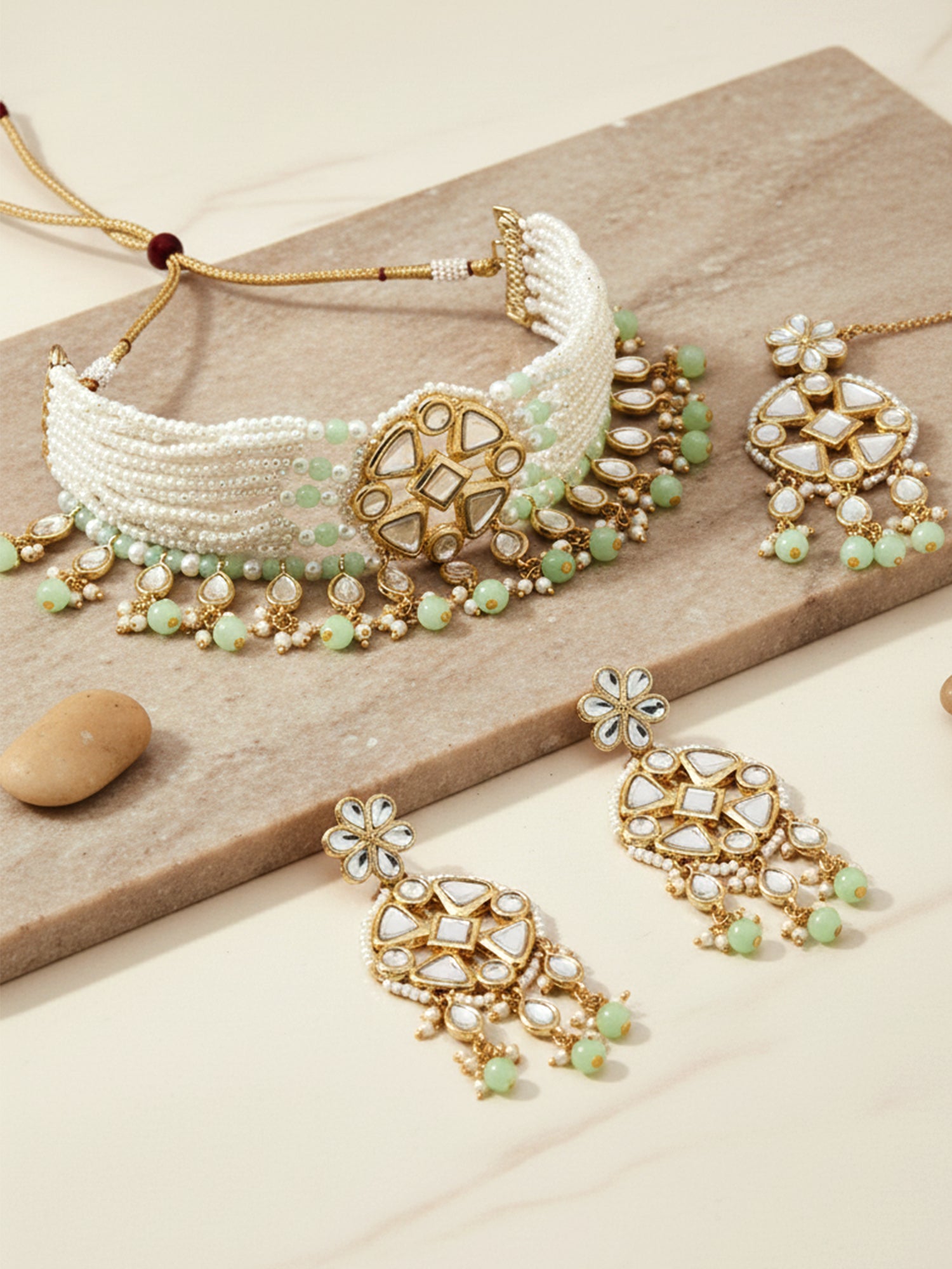Gold-plated Light Green Beads Kundan Studded Jewellery Set