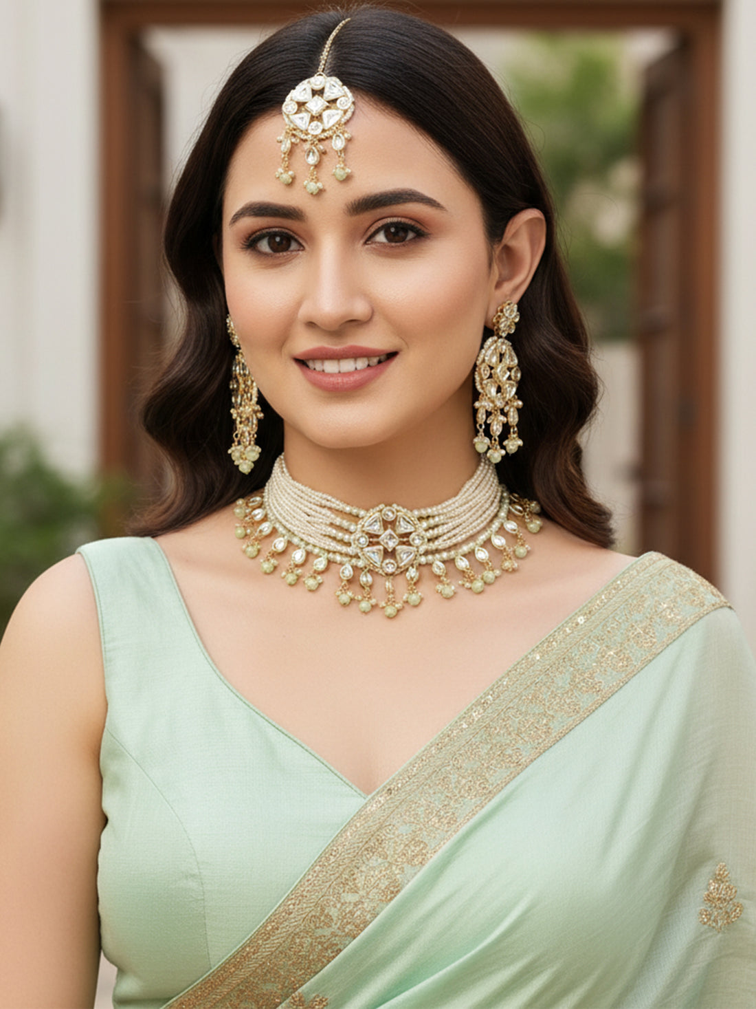 Gold-plated Light Green Beads Kundan Studded Jewellery Set