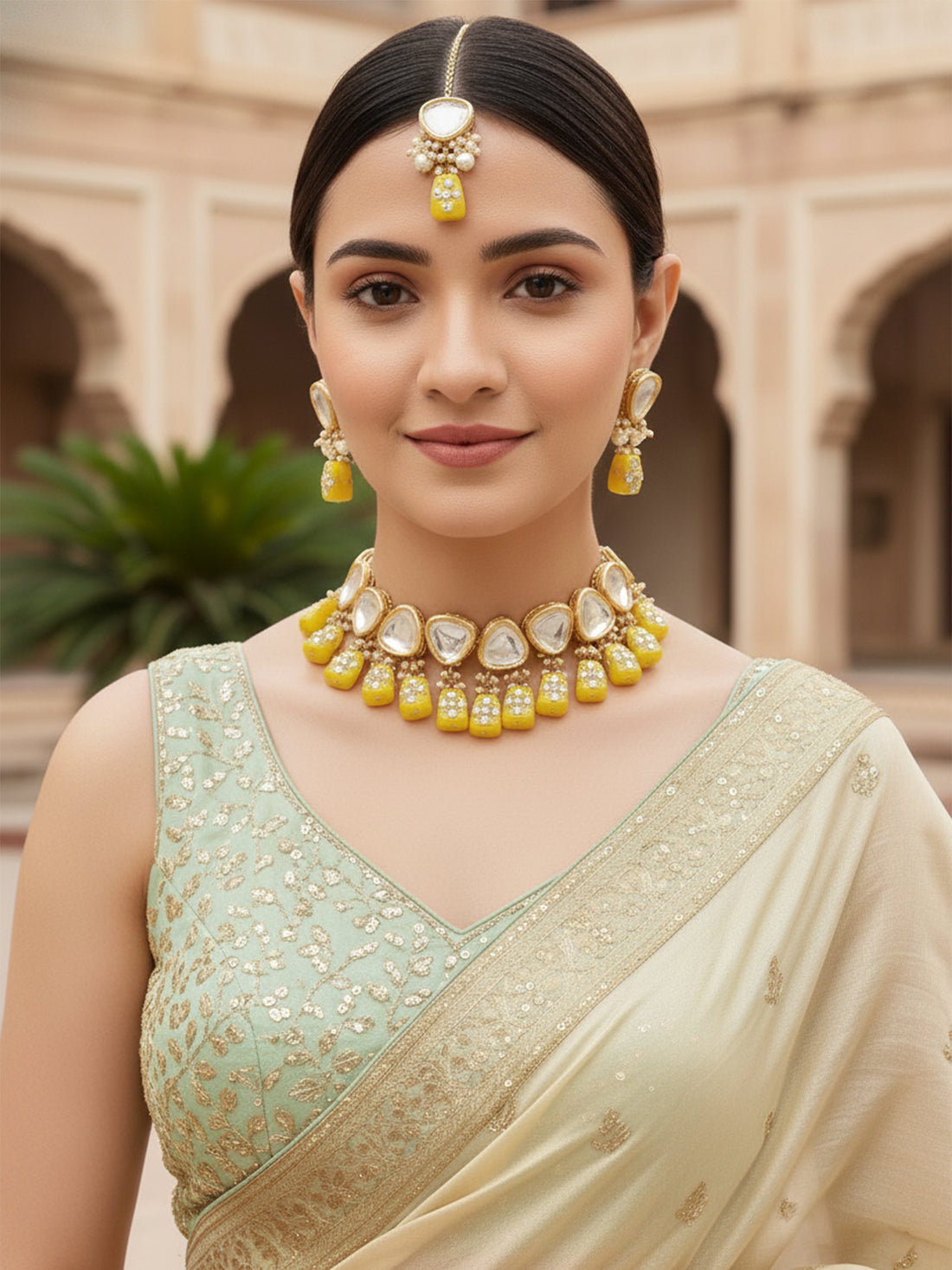 Gold-Plated Light Yellow Tumble And Polki Kundan Studded Jewellery Set