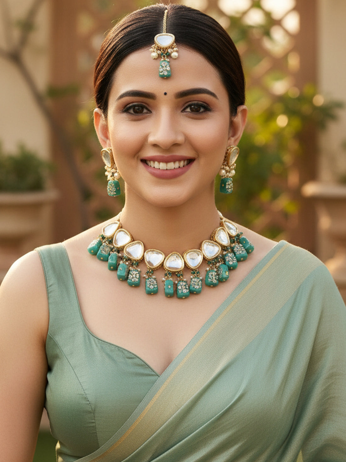 Gold Plated Dark Green Tumble Studded Polki Kundan Choker Necklace Set