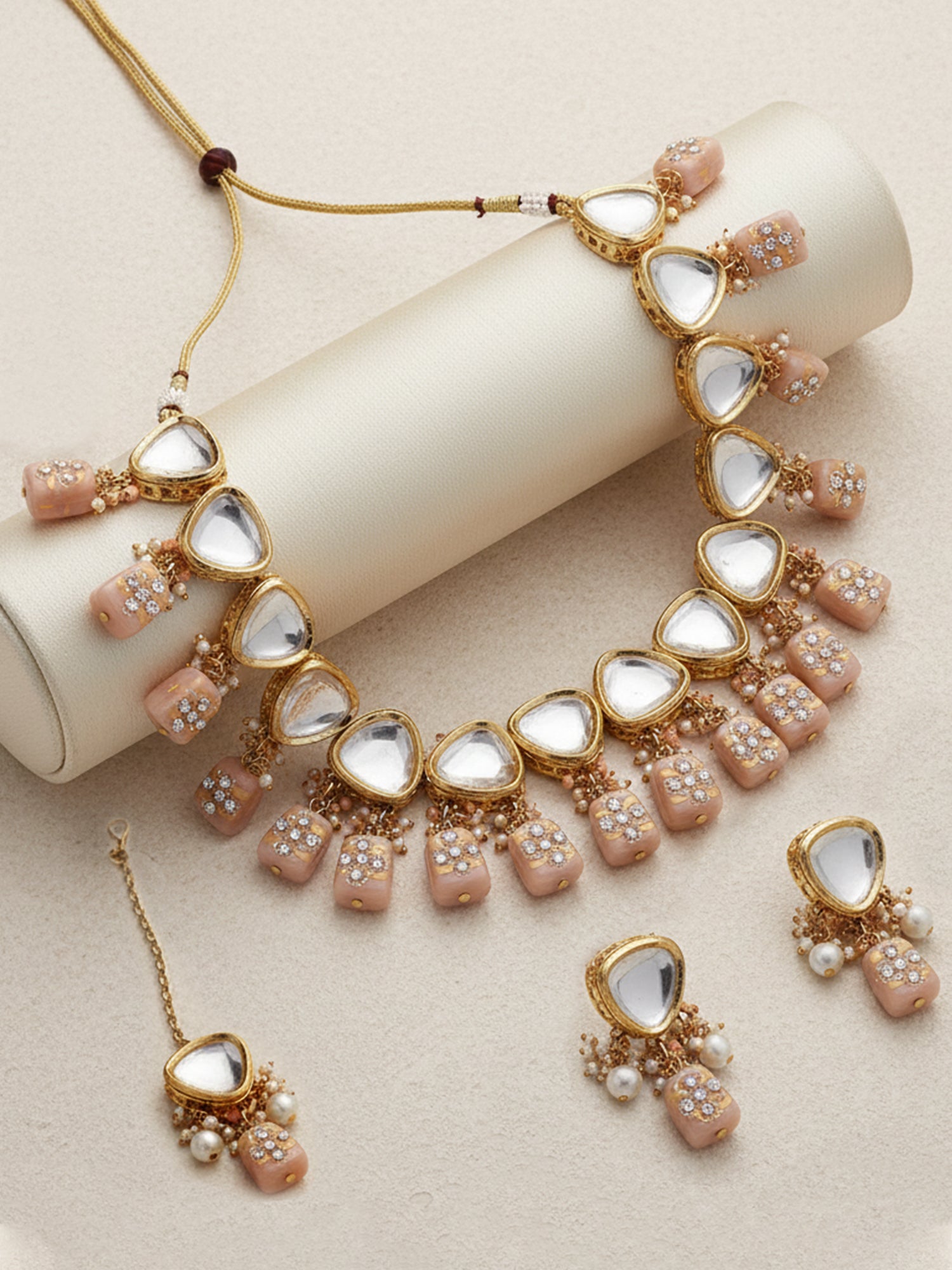 Gold-Plated Pink Studded Kundan Polki Jewellery set