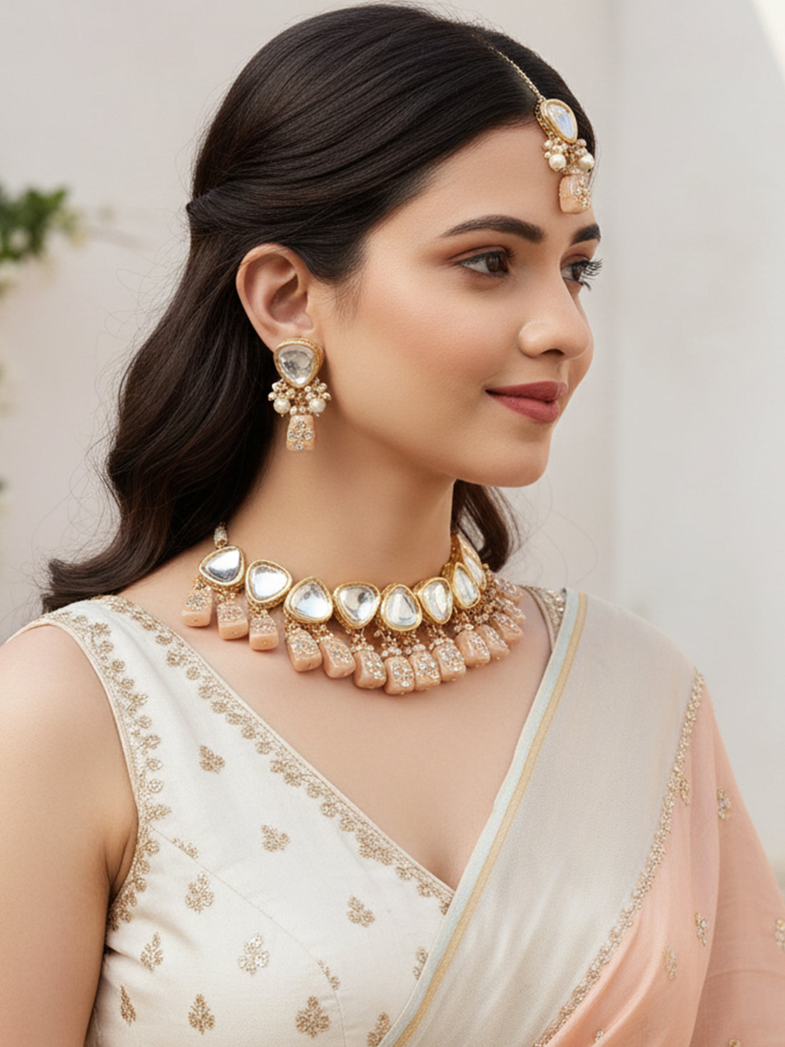 Gold-Plated Pink Studded Kundan Polki Jewellery set