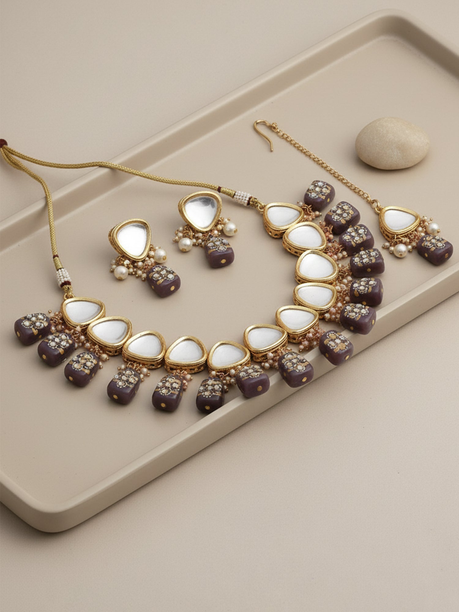 Gold-Plated White Kundan Polki Studded Beaded Jewellery Set