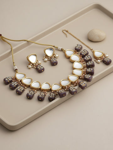 Gold-Plated White Kundan Polki Studded Beaded Jewellery Set