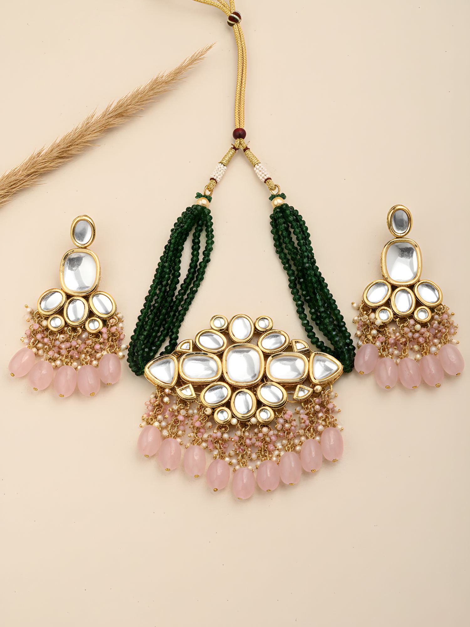 Karatcart Gold Polki Kundan Pink Tumble Choker Necklace Setfor Women