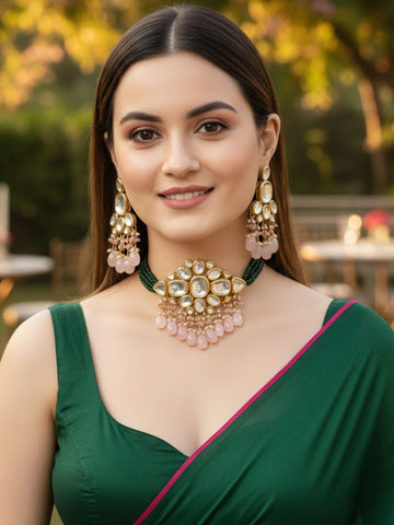 Karatcart Gold Polki Kundan Pink Tumble Choker Necklace Setfor Women