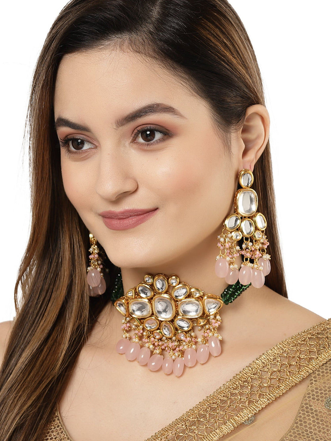 Karatcart Gold Polki Kundan Pink Tumble Choker Necklace Setfor Women