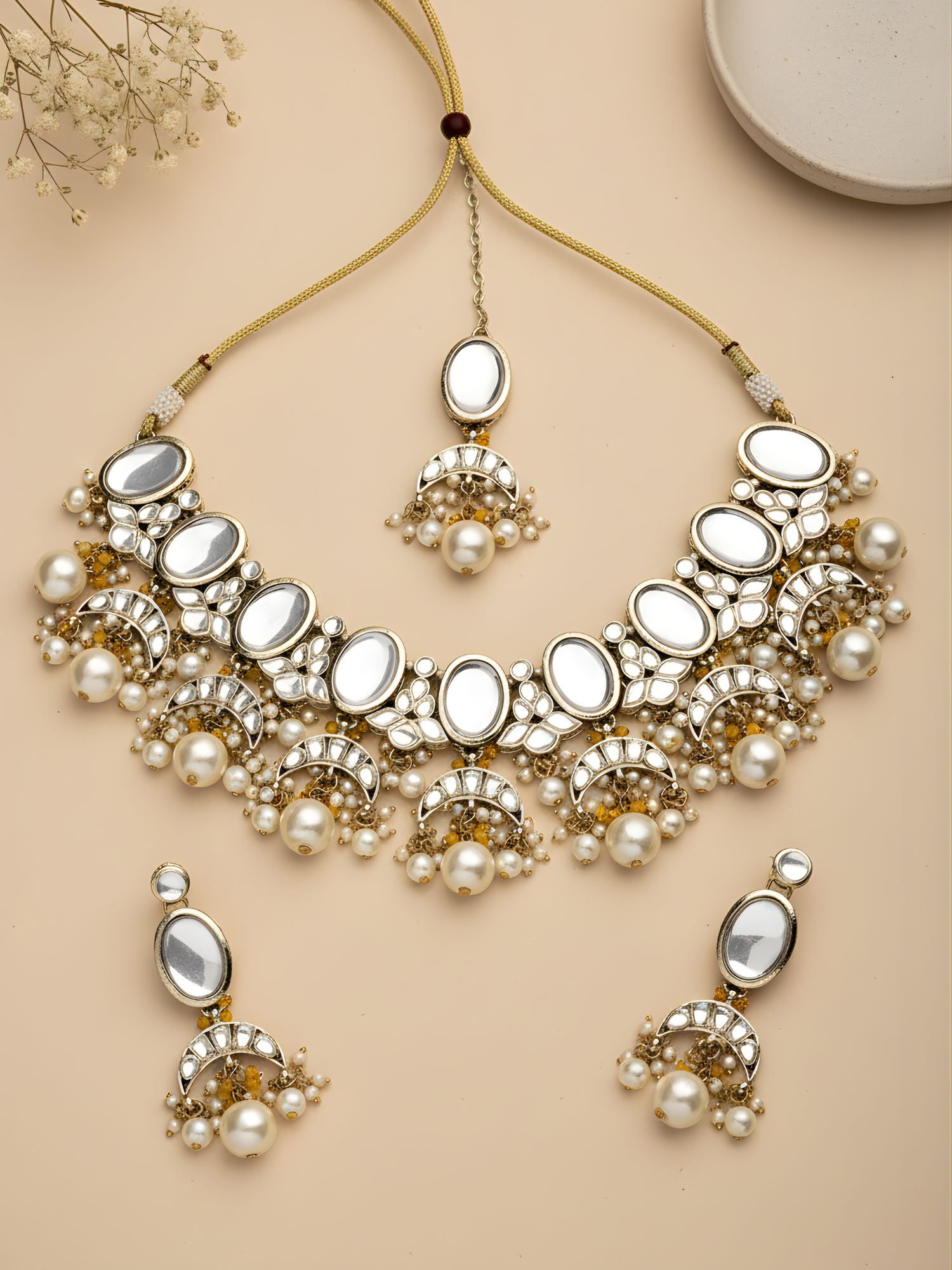 Karatcart Gold Plated Yellow Crystal and Pearl Kundan Choker Necklace Setfor Women