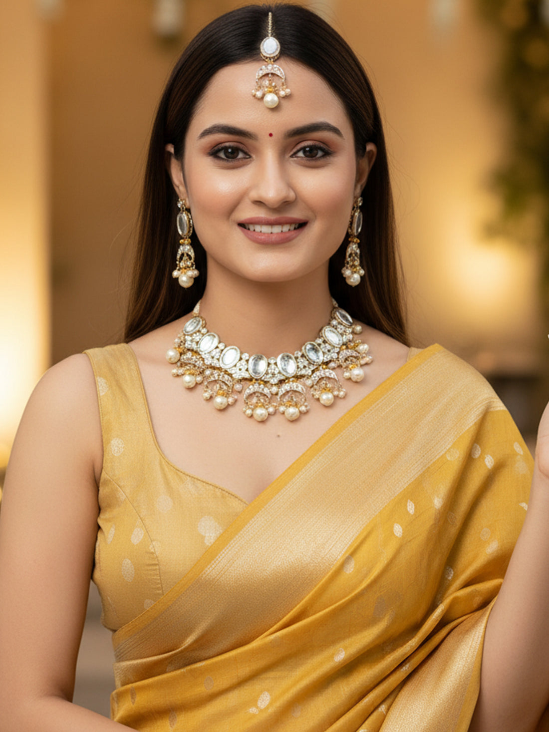 Karatcart Gold Plated Yellow Crystal and Pearl Kundan Choker Necklace Setfor Women