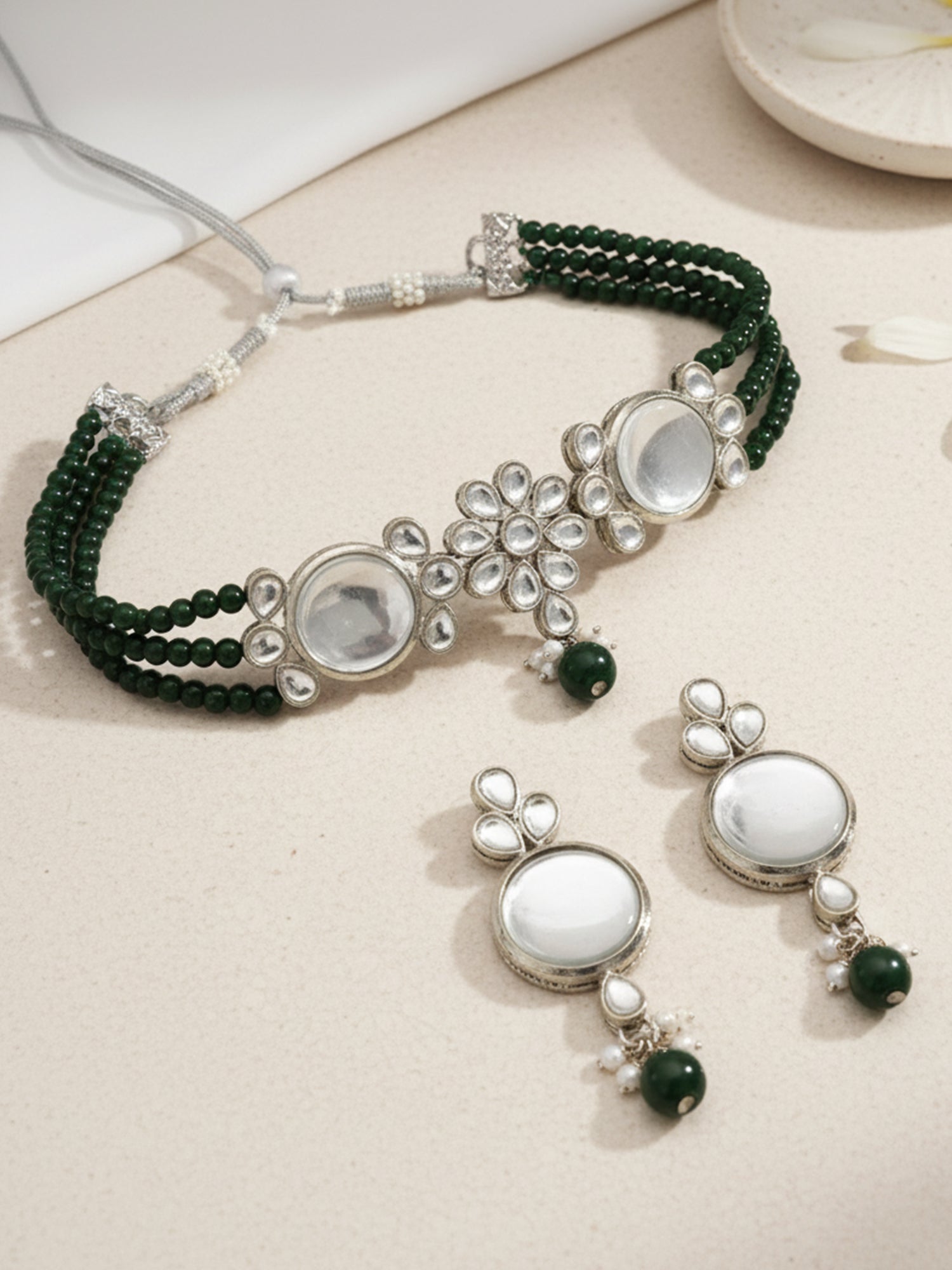 Karatcart Oxidised Silver Green Multistrand Embellished Choker Necklace Setfor Women