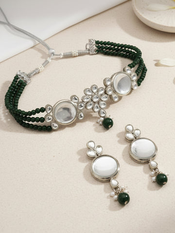 Karatcart Oxidised Silver Green Multistrand Embellished Choker Necklace Setfor Women