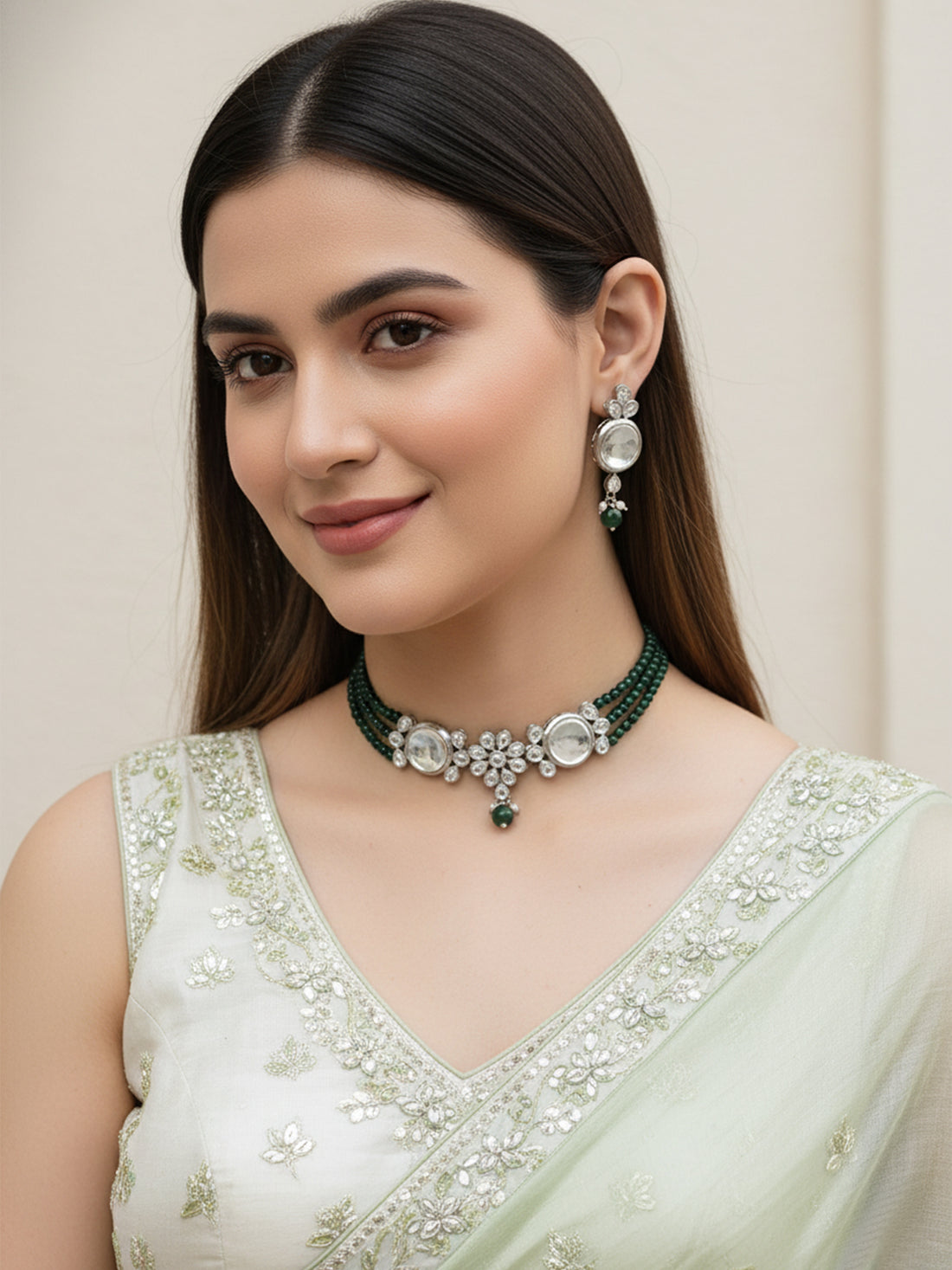 Karatcart Oxidised Silver Green Multistrand Embellished Choker Necklace Setfor Women