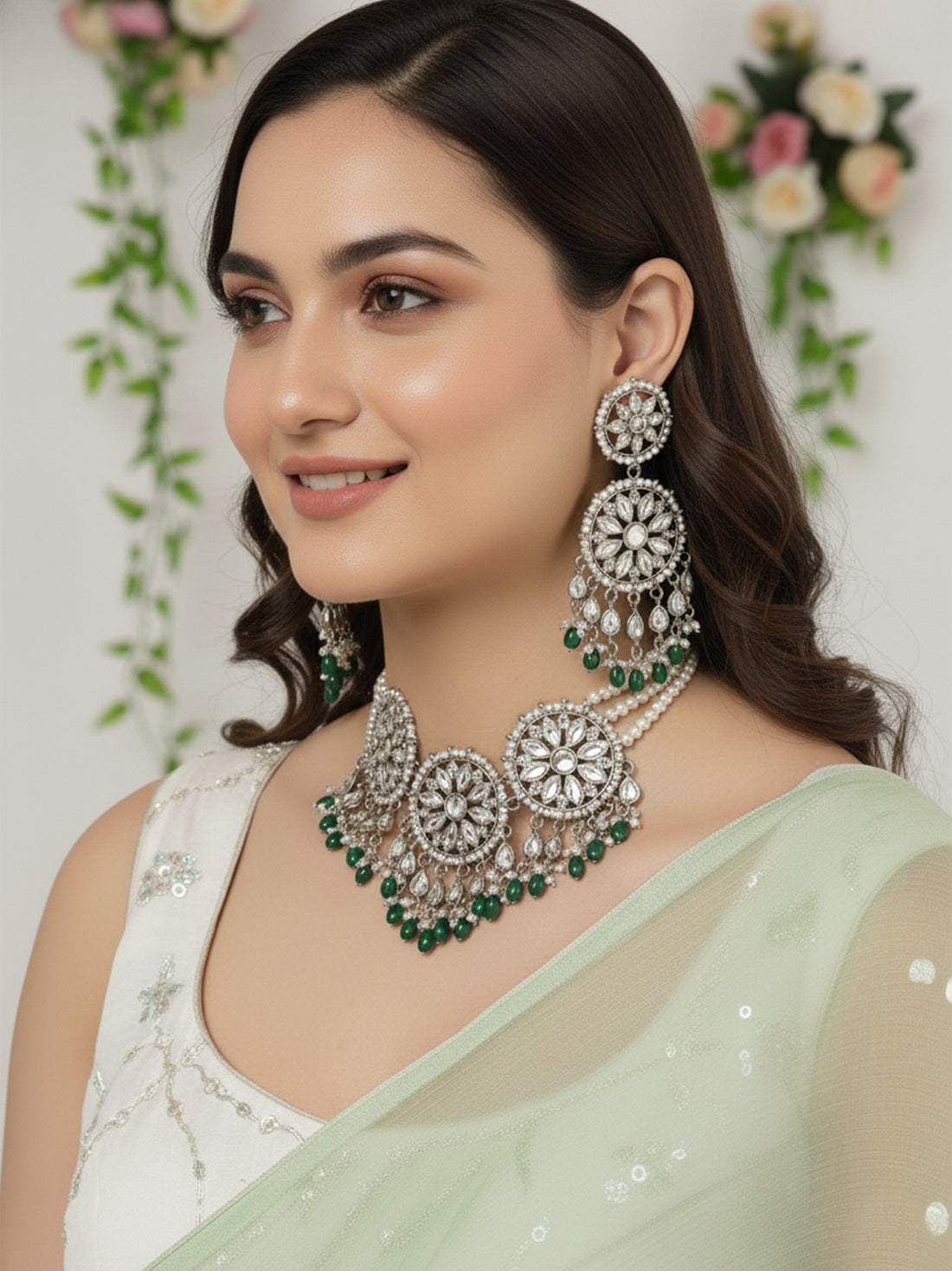 Karatcart Oxidised Silver Green Tumble Floral Shape Necklace Setfor Women