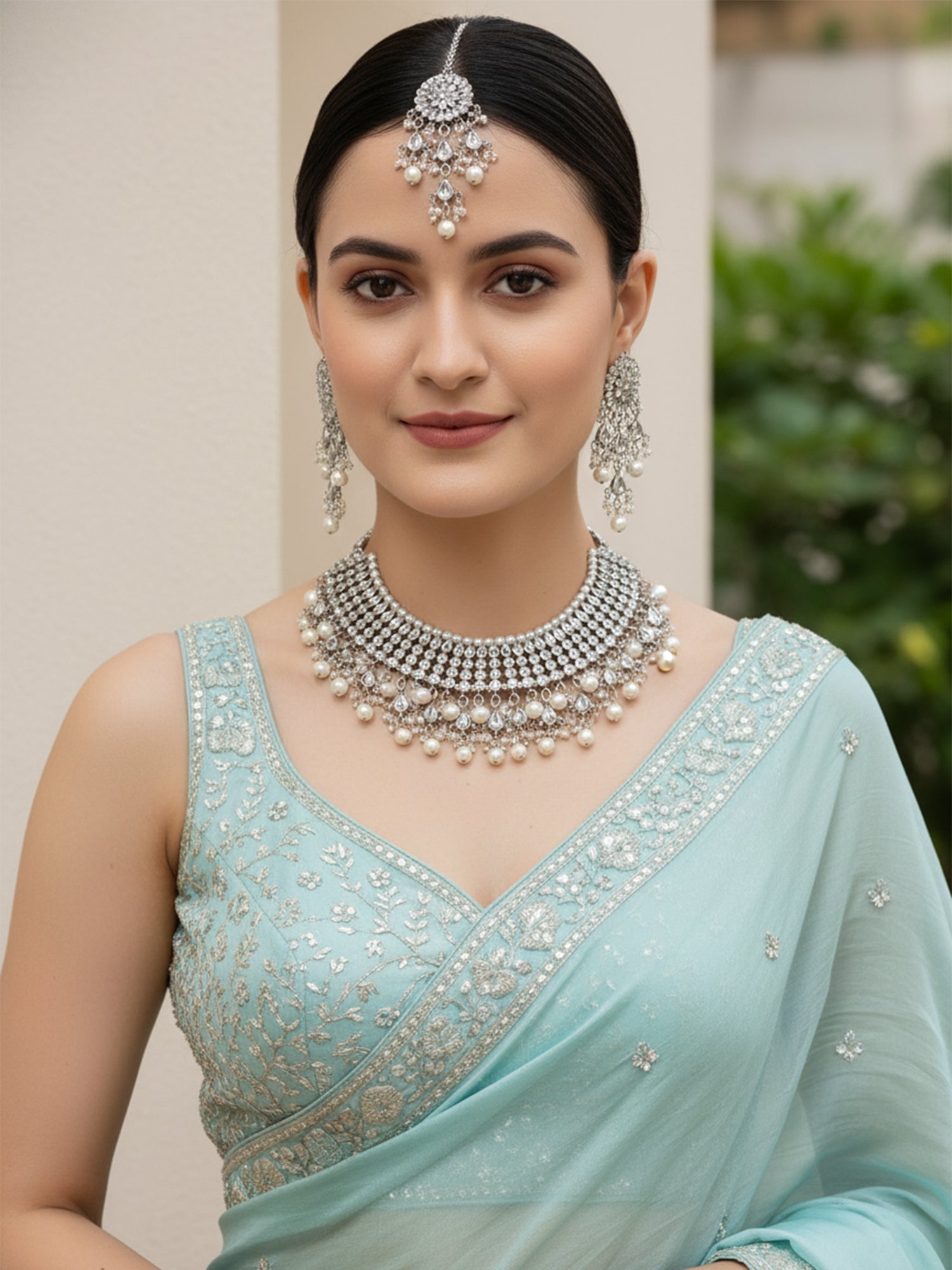 Karatcart Oxidised Silver Handcrafted Pearl Kundan Choker Necklace Setfor Women