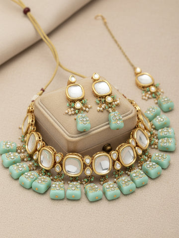 Karatcart Mint Green Designer Tumble Sqare Polki Kundan Necklace Set