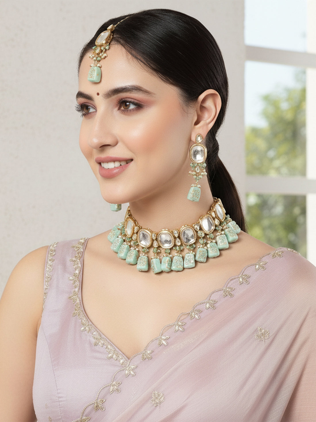 Karatcart Mint Green Designer Tumble Sqare Polki Kundan Necklace Set
