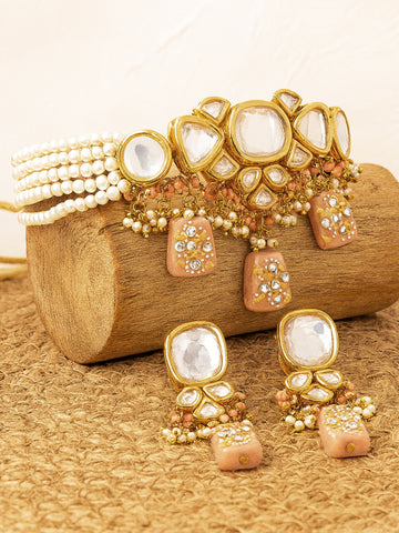 Karatcart Peach Designer Tumble Polki Kundan Necklace Set