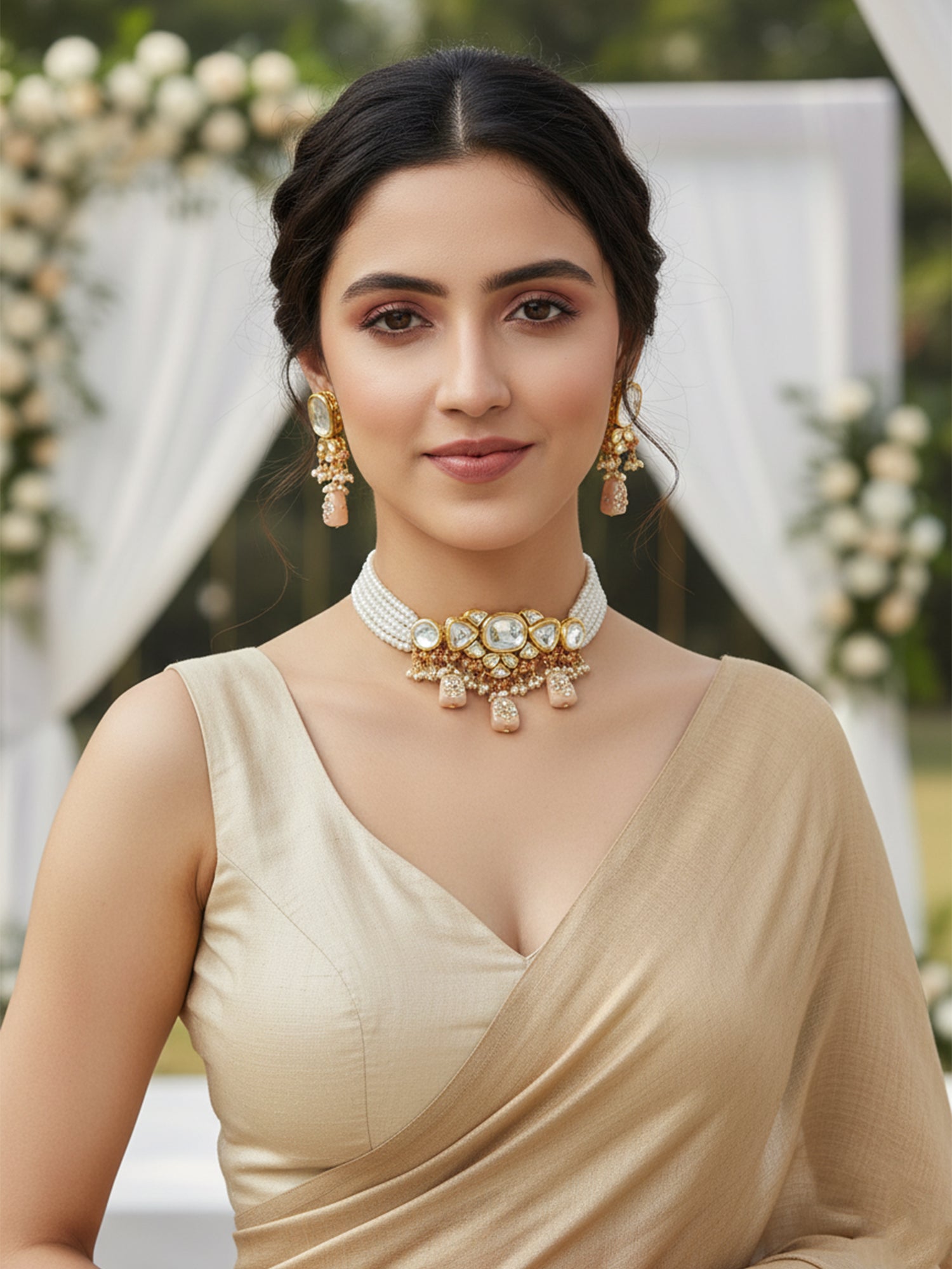 Karatcart Peach Designer Tumble Polki Kundan Necklace Set