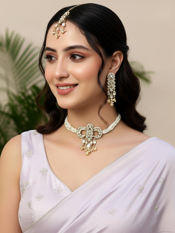 Karatcart Gold Plated Handcrafted Golden Pearl and Kundan Choker Necklace Set