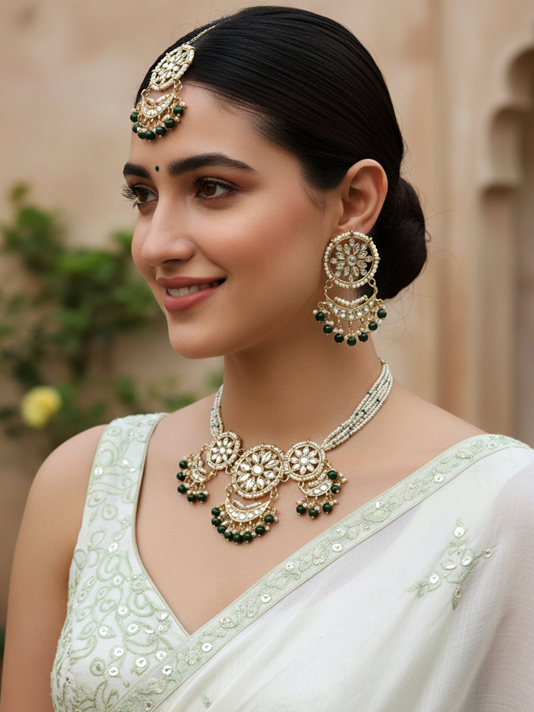 Karatcart Green Beads Studded Gold Plated Kundan Choker Necklace Set