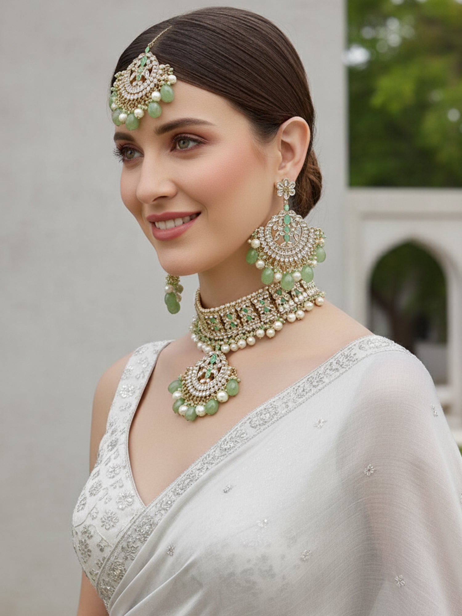 Karatcart Gold Plated Light Green Tumble and Pearl Studded Choker Necklace Set