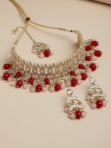 Karatcart Gold Plated Red Tumble and Pink Beads Choker Necklace Set